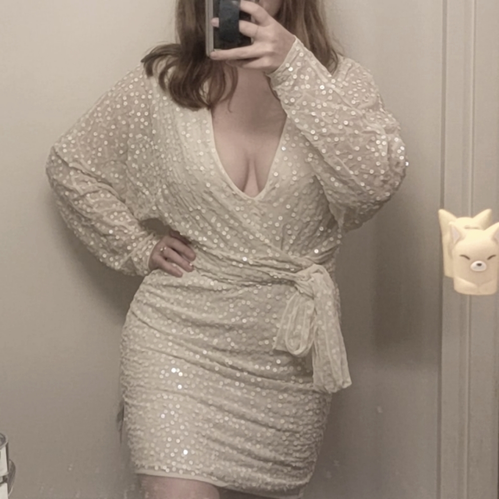 ASOS Design mini dress with batwing sleeve and wrap waist in white sequin lwd